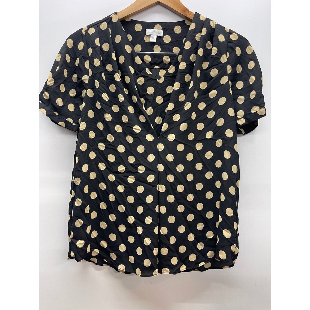 Charming Charlie Polka Dot V-Neck Blouse Black Tan Short Sleeve Top Small
